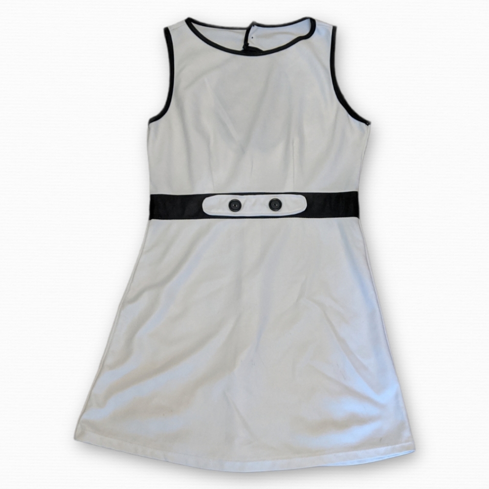 Vintage White Blue Mod Button Detail Mini Summer Sleeveless Dress